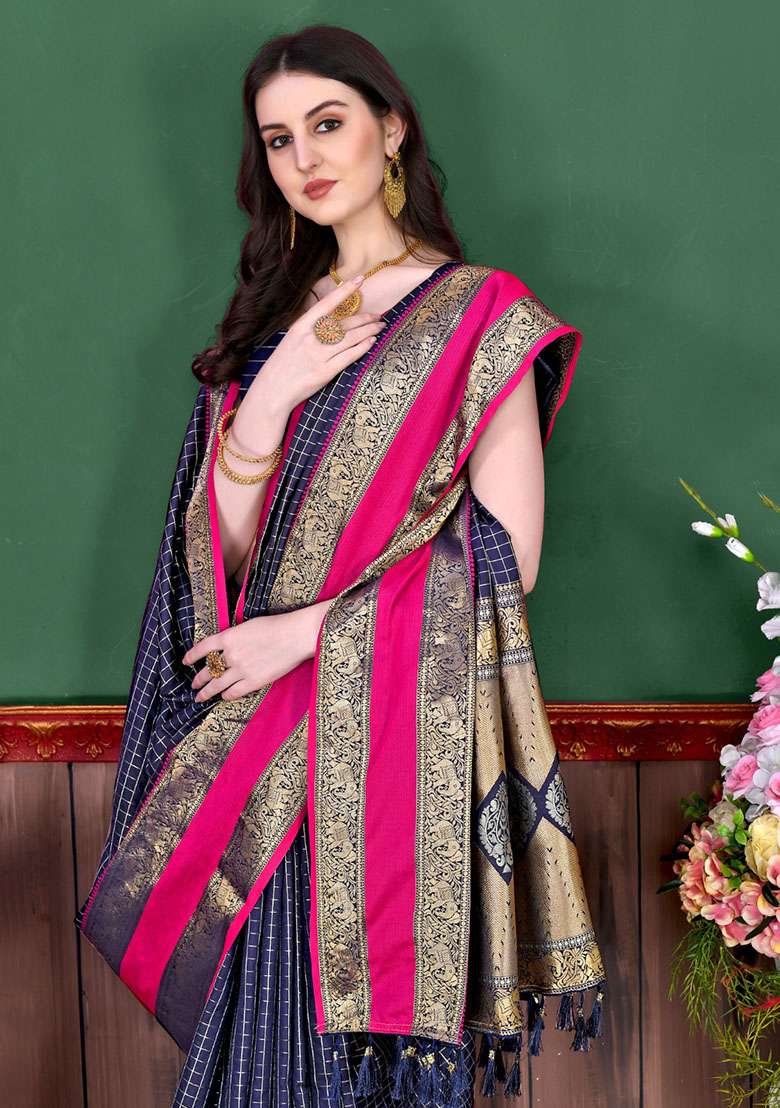 Navy Blue Zari Woven Silk Saree Set for Diwali | Wedding & Festive Wear - Indya