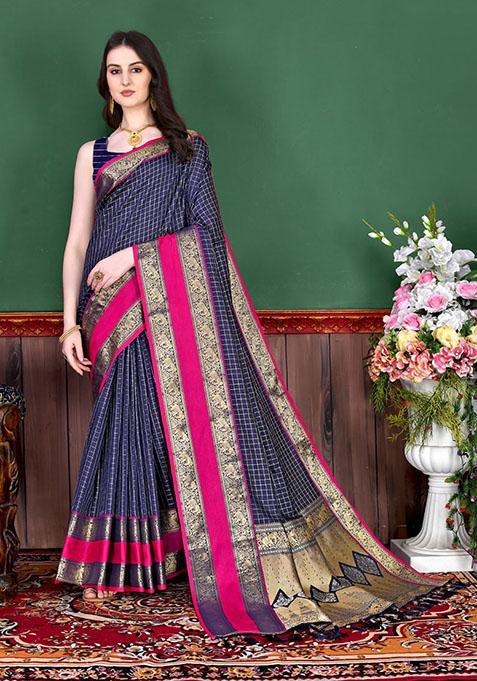 Navy Blue Zari Woven Silk Saree Set