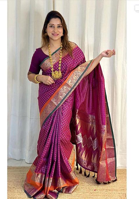 Purple Zari Woven Silk Saree Set