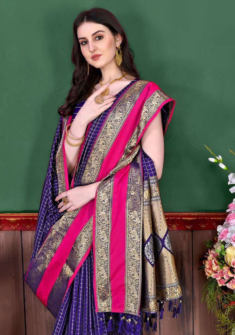 Blue Zari Woven Silk Saree Set for Diwali and Festive Wear - Indya