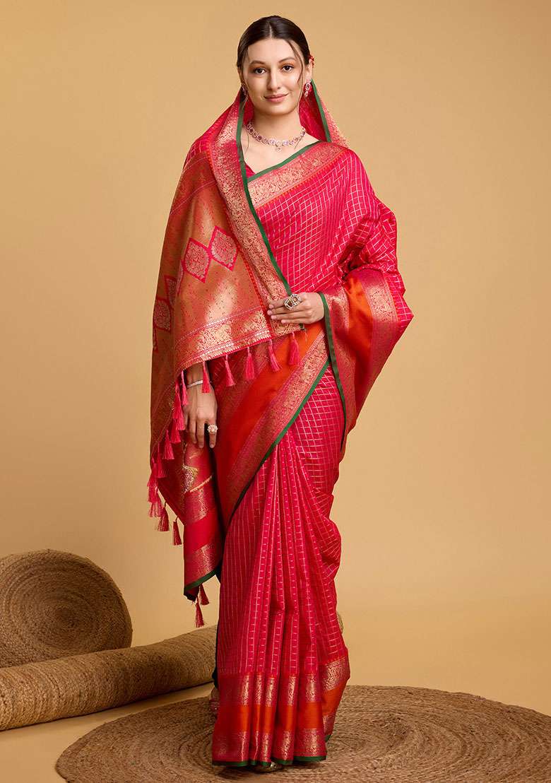 Pink Zari Woven Silk Saree Set for Diwali | Wedding & Festive Wear - Indya