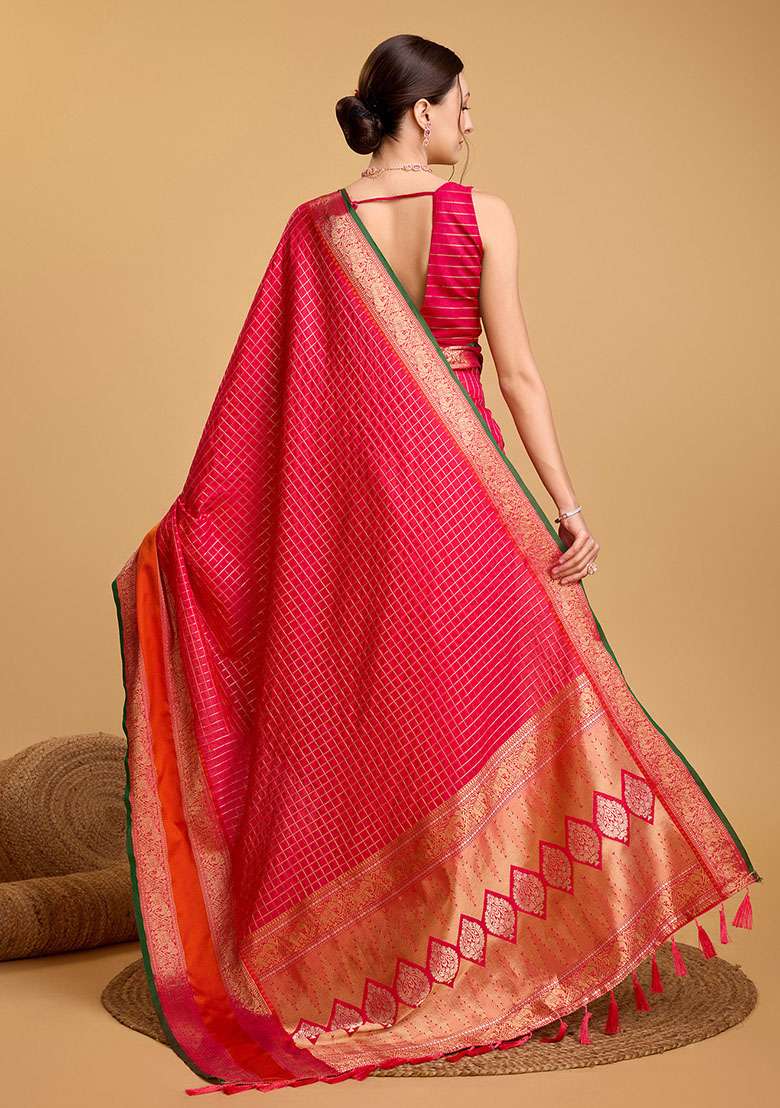 Pink Zari Woven Silk Saree Set for Diwali | Wedding & Festive Wear - Indya
