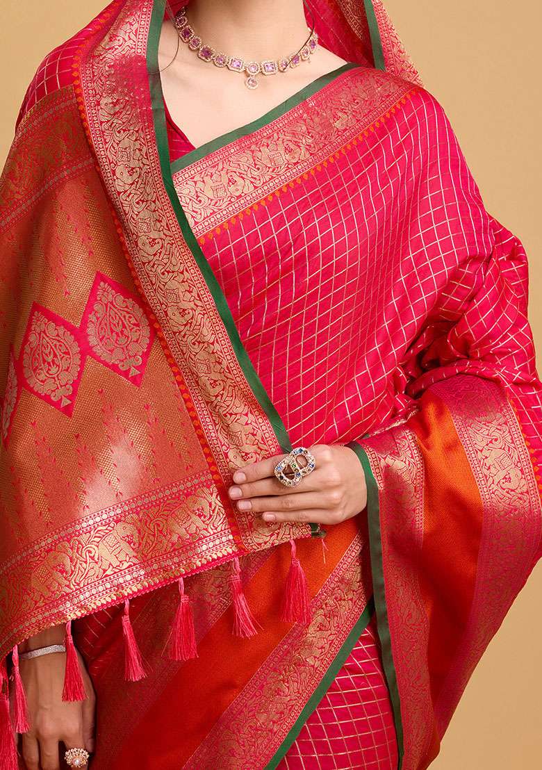 Pink Zari Woven Silk Saree Set for Diwali | Wedding & Festive Wear - Indya