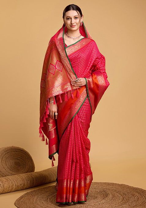 Pink Zari Woven Silk Saree Set