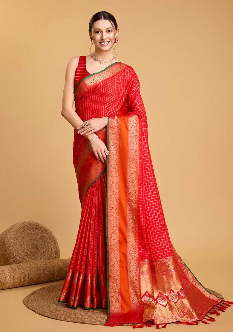 Red Zari Woven Silk Saree Set for Diwali and Festive Wear - Indya