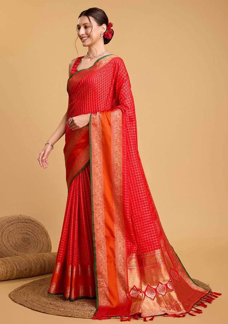 Red Zari Woven Silk Saree Set for Diwali and Festive Wear - Indya