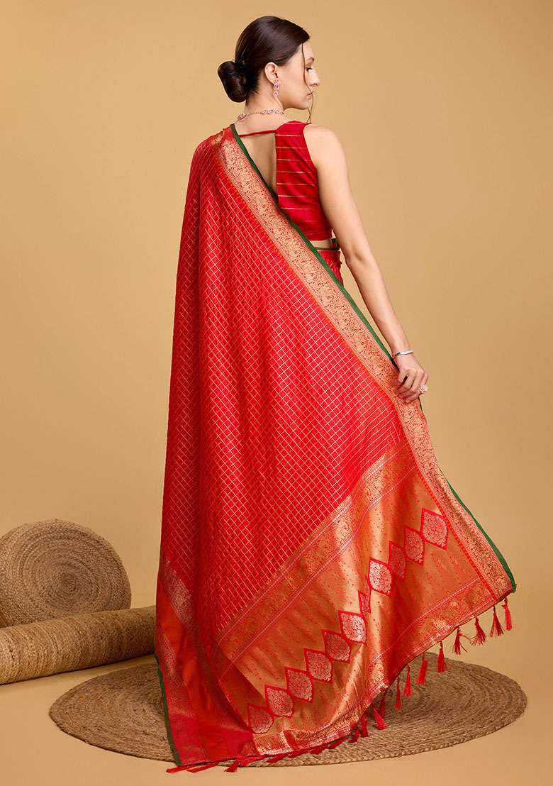 Red Zari Woven Silk Saree Set for Diwali and Festive Wear - Indya