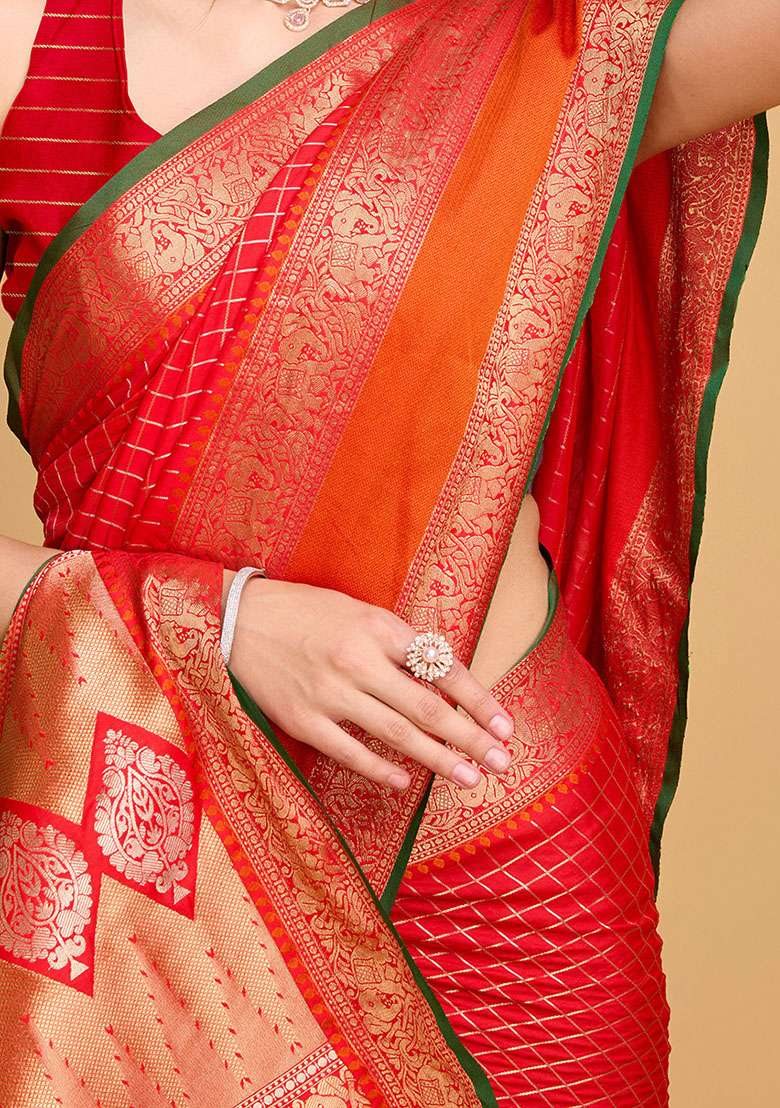 Red Zari Woven Silk Saree Set for Diwali and Festive Wear - Indya