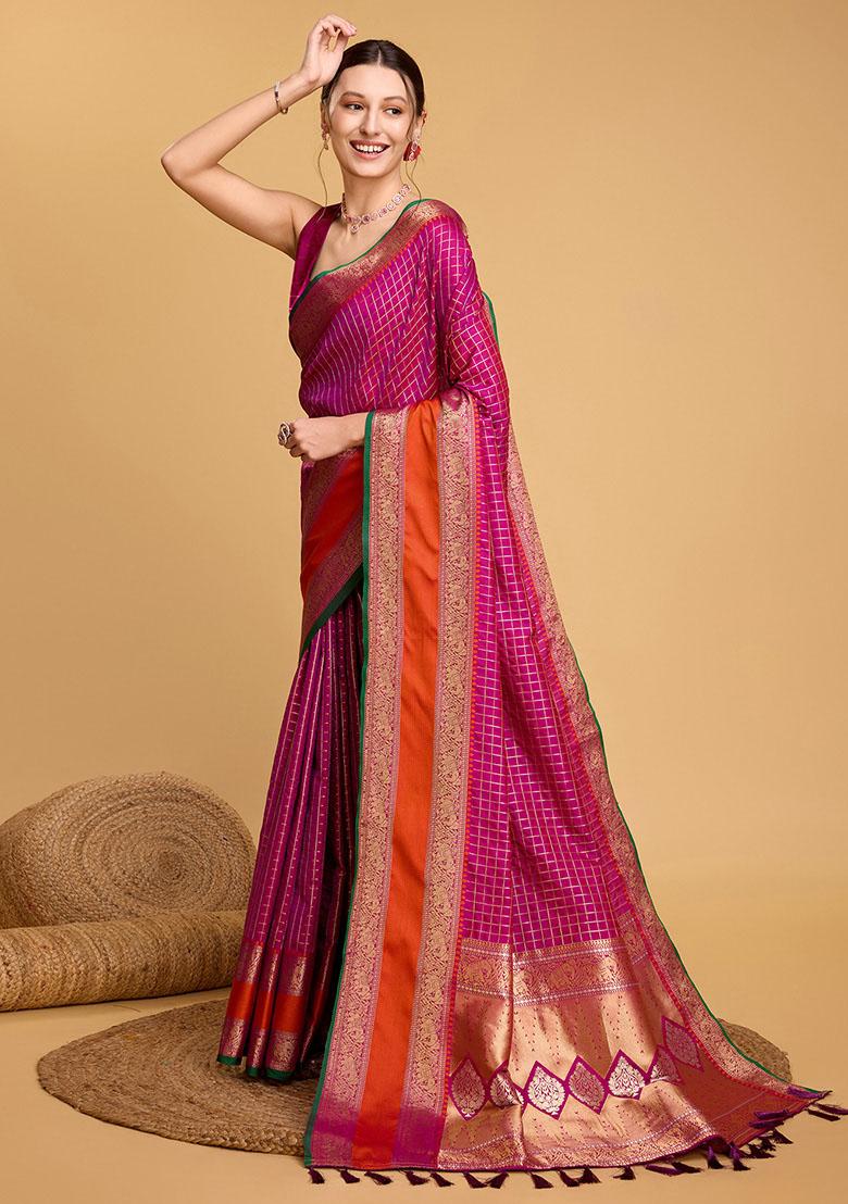 Rani Pink Zari Woven Silk Saree Set