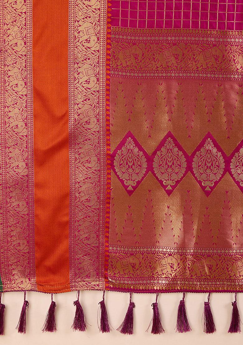 Rani Pink Zari Woven Silk Saree Set