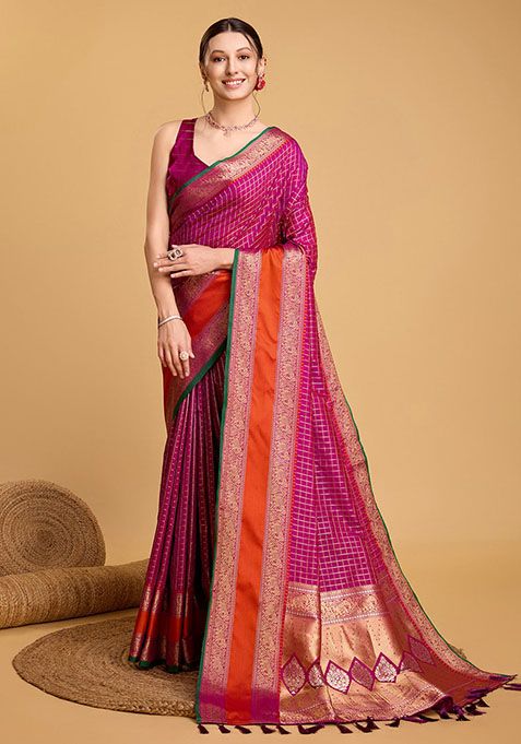 Rani Pink Zari Woven Silk Saree Set