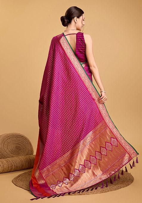 Rani Pink Zari Woven Silk Saree Set