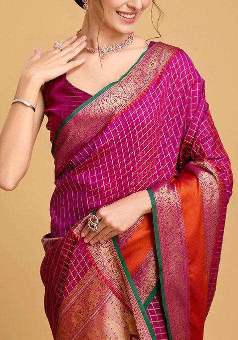 Rani Pink Zari Woven Silk Saree Set
