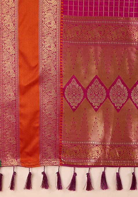Rani Pink Zari Woven Silk Saree Set