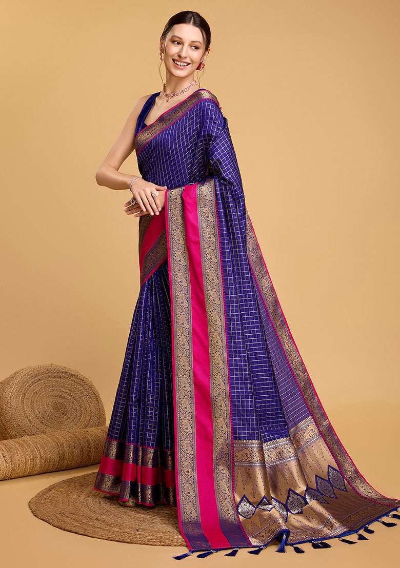 Blue Zari Woven Silk Saree Set for Diwali and Festive Wear - Indya