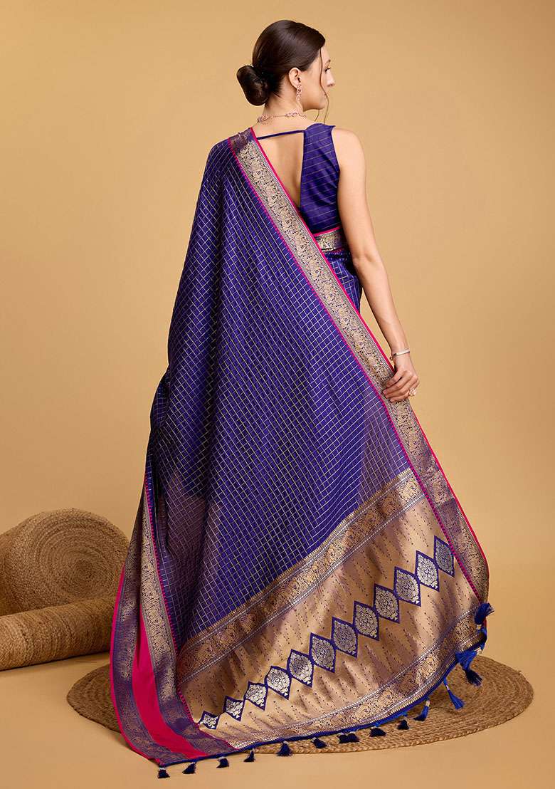 Blue Zari Woven Silk Saree Set for Diwali and Festive Wear - Indya