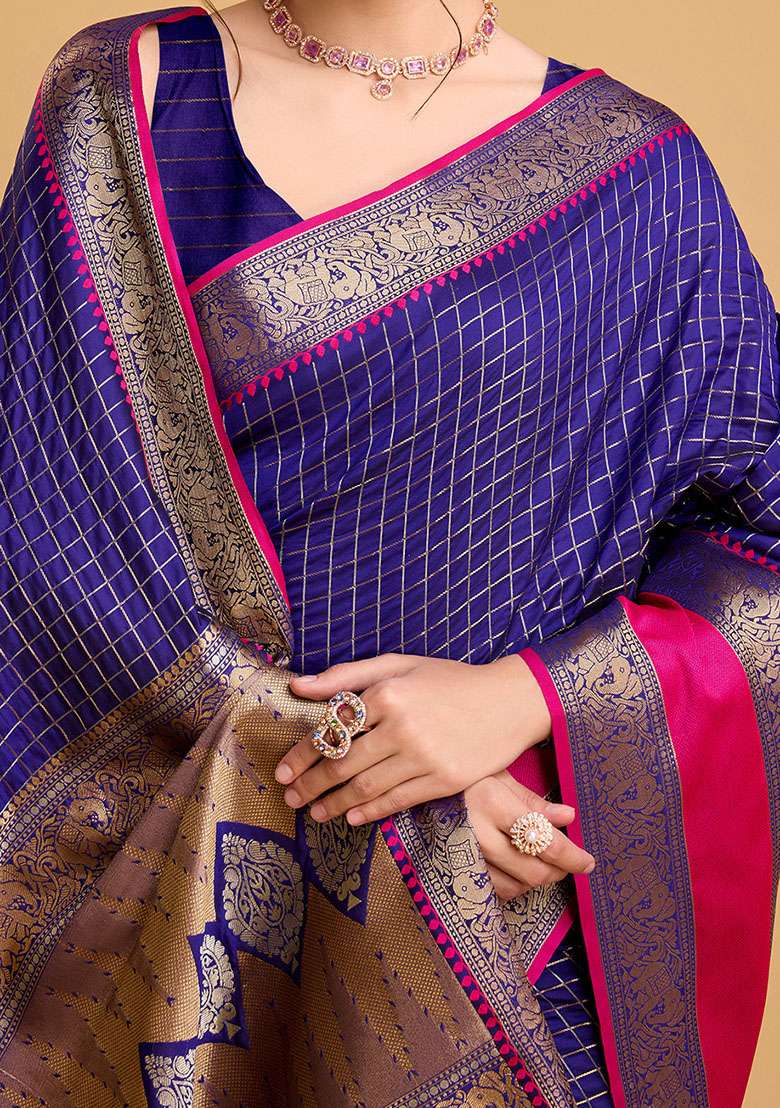 Blue Zari Woven Silk Saree Set for Diwali and Festive Wear - Indya