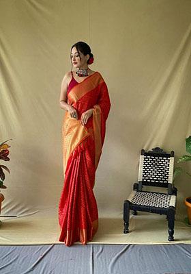 Pink Zari Woven Silk Saree Set