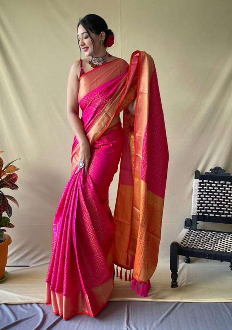 Pink Zari Woven Silk Saree Set for Diwali and Festive Wear - Indya
