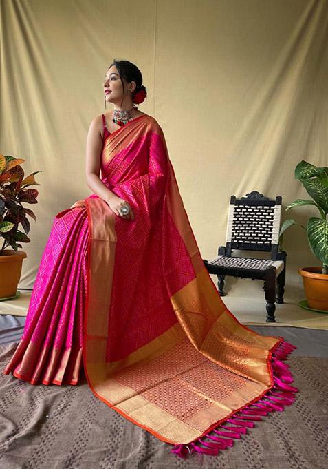 Pink Zari Woven Silk Saree Set