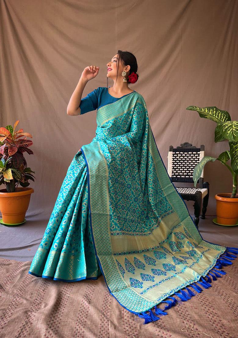 Blue Zari Woven Silk Saree Set - Indya