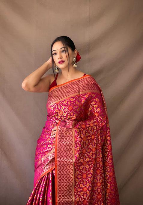 Pink Zari Woven Silk Saree Set