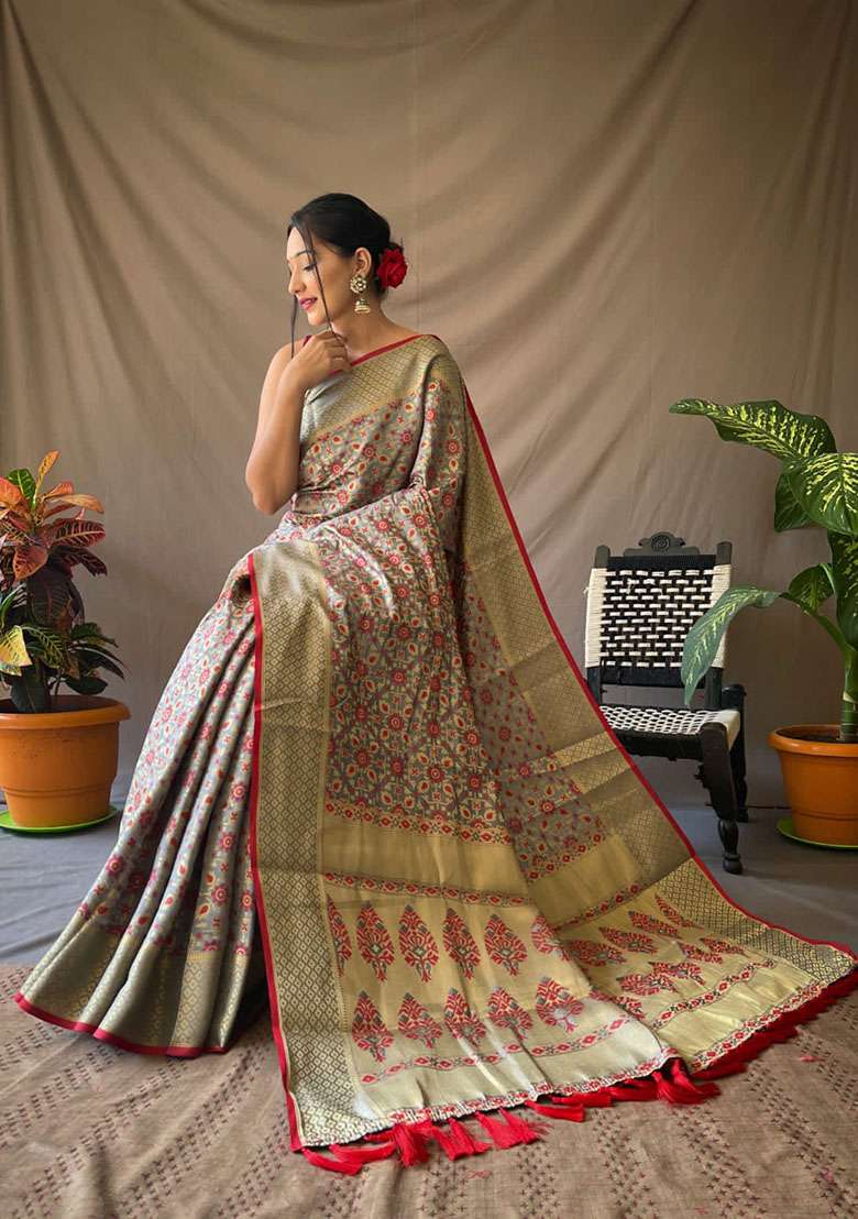 Grey Zari Woven Silk Saree Set for Diwali and Festive Wear - Indya