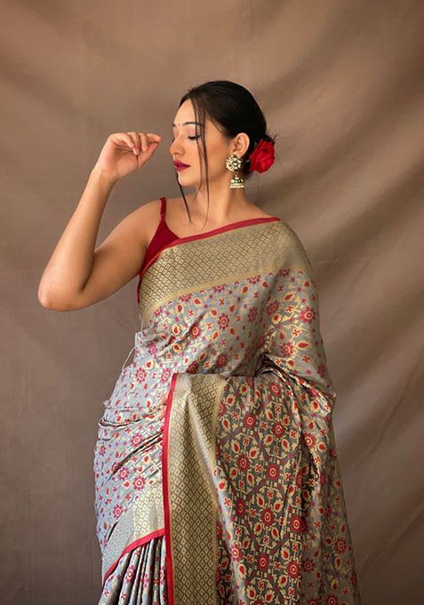 Grey Zari Woven Silk Saree Set