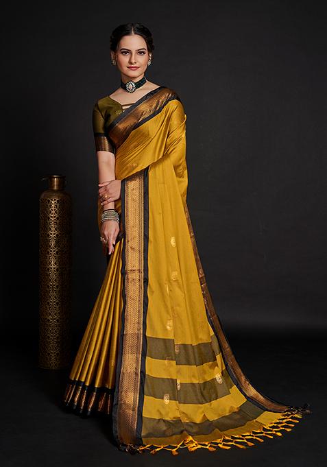 Yellow Woven Lichi Silk Saree Set