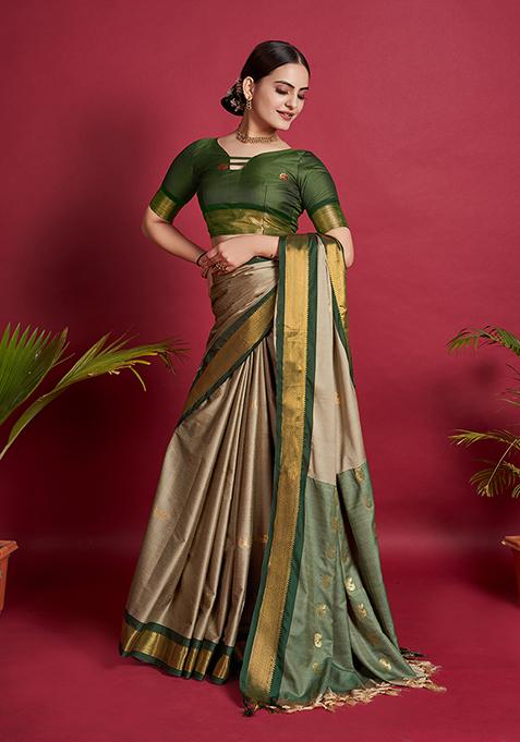 Cream Woven Lichi Silk Saree Set