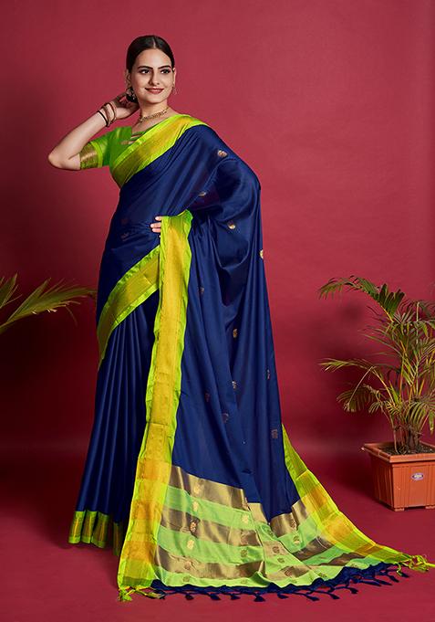 Indigo Blue Woven Lichi Silk Saree Set