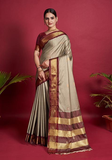 White Woven Lichi Silk Saree Set