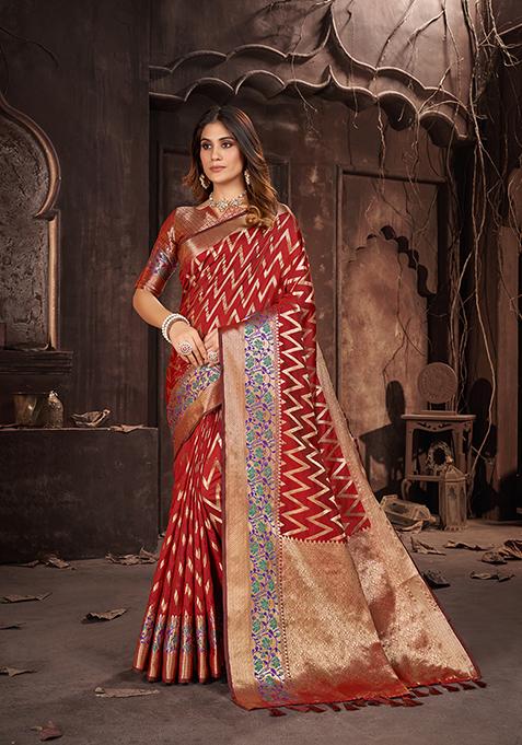 Maroon Zari Woven Silk Saree Set