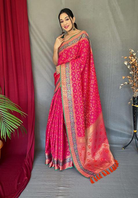 Pink Zari Woven Patola Silk Saree Set