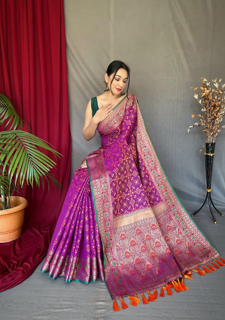 Purple Zari Woven Patola Silk Saree Set