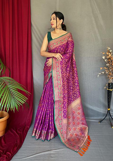 Purple Zari Woven Patola Silk Saree Set