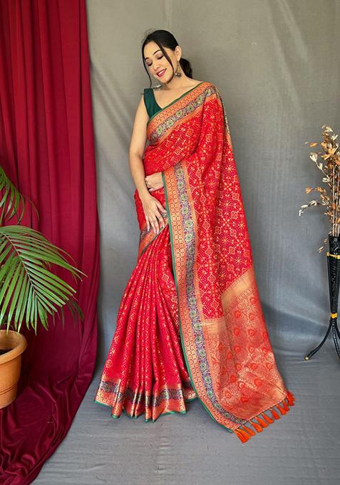 Red Zari Woven Patola Silk Saree Set