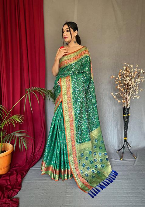 Sea Green Zari Woven Patola Silk Saree Set