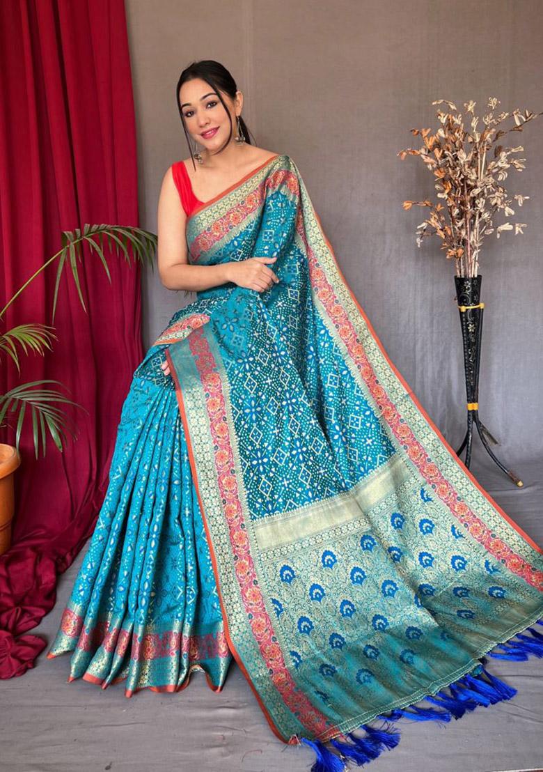 Sky Blue Zari Woven Patola Silk Saree Set