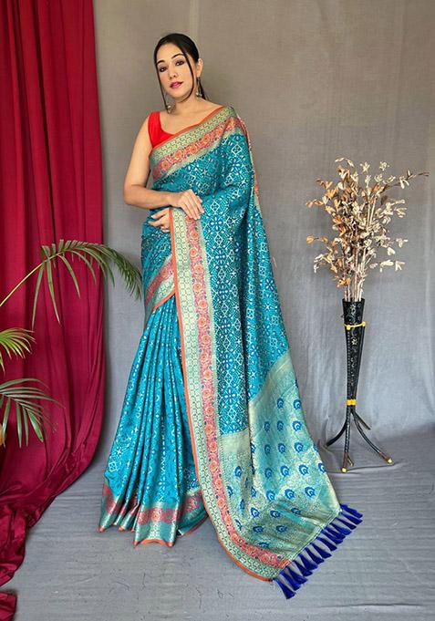 Sky Blue Zari Woven Patola Silk Saree Set