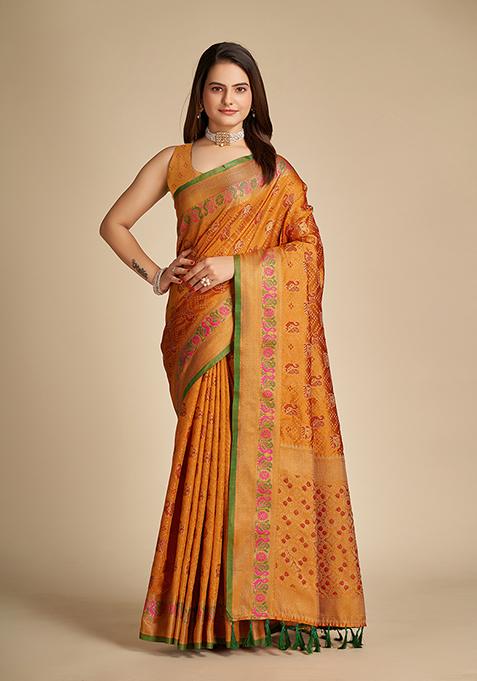 Yellow Zari Woven Patola Silk Saree Set