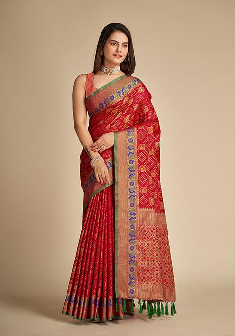 Red Zari Woven Patola Silk Saree Set