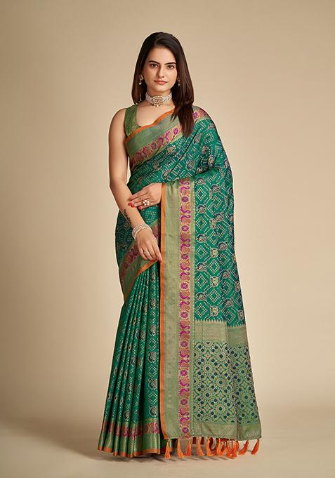 Green Zari Woven Patola Silk Saree Set