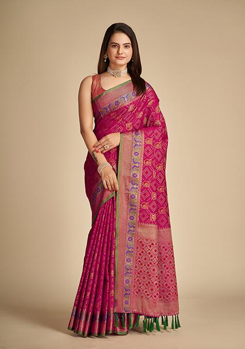 Rani Pink Zari Woven Patola Silk Saree Set