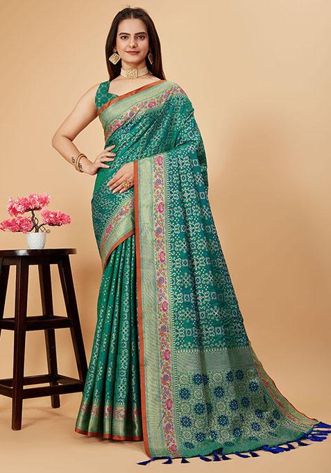 Teal Blue Zari Woven Patola Silk Saree Set