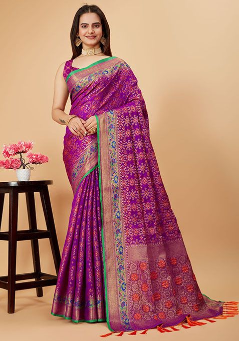 Purple Zari Woven Patola Silk Saree Set