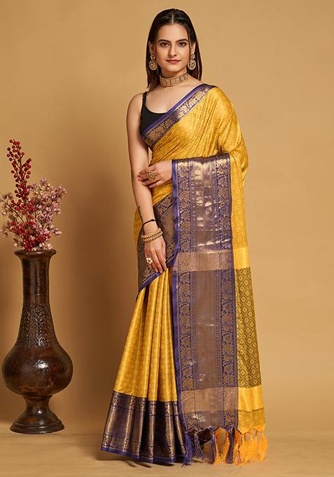 Yellow Zari Woven Silk Saree Set