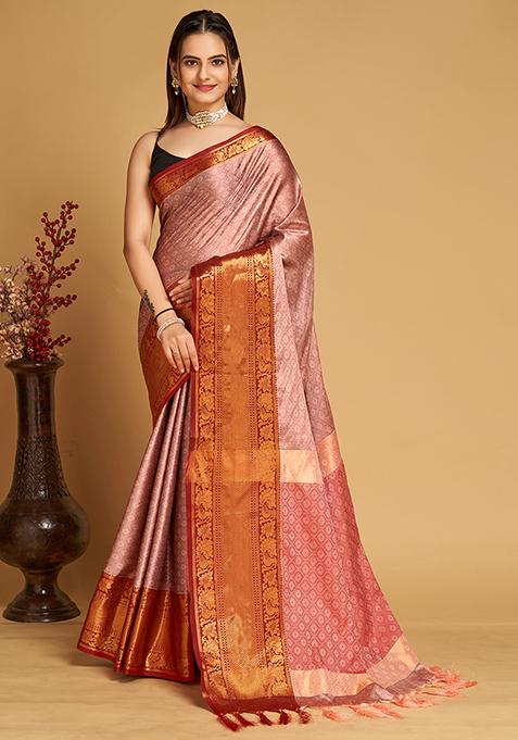 Peach Zari Woven Silk Saree Set