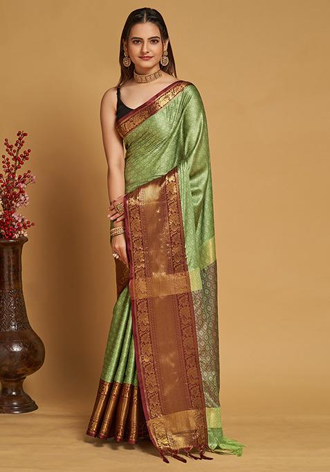 Sea Green Zari Woven Silk Saree Set