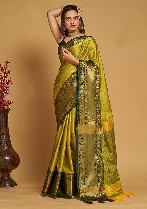 Lemon Green Zari Woven Silk Saree Set